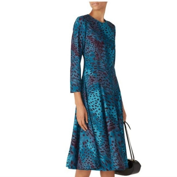 Natori Dresses & Skirts - Natori Cheetah Crepe Top Stitch Dress Teal Aqua Blue 3/4 Sleeve Back Zip